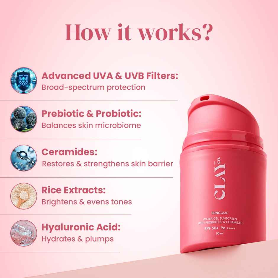 Clayco Sunglaze Sunscreen SPF 50 Pa ++++ With Probiotic and Ceramides