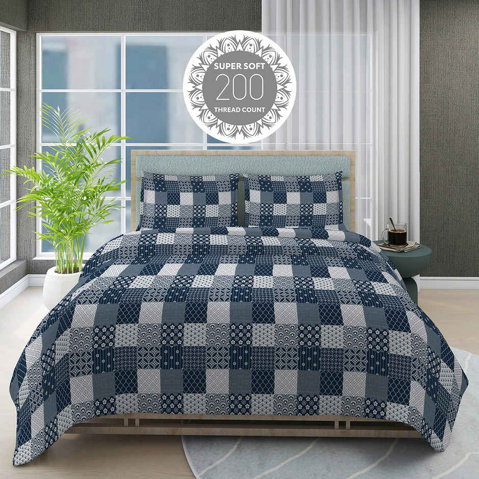 Boutique Living Alpha Geo (Valatia) 100% Cotton 200 TC Blue King Bedsheet with 2 Pillow Covers