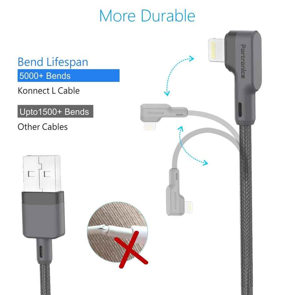 Portronics Konnect L 1.2M Fast Charging 3A 8 Pin USB Cable with Charge & Sync Function(Grey)