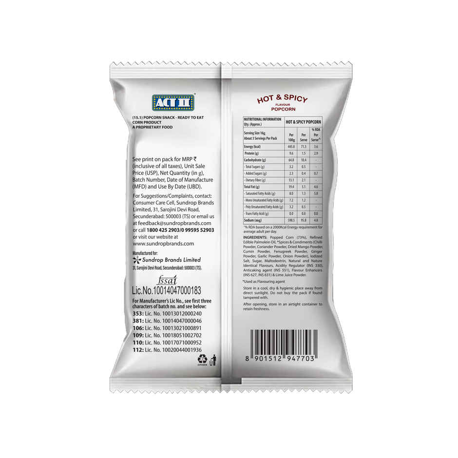 ACT II Ready To Eat Popcorn | Hot & Spicy Flavour| On-the-go Snacks