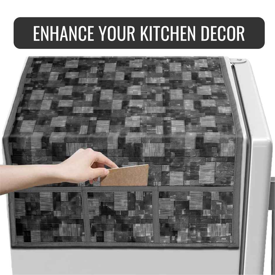 Kuber Industries PVC New Check Fridge Top Cover with 6 Utility Pockets|Gray