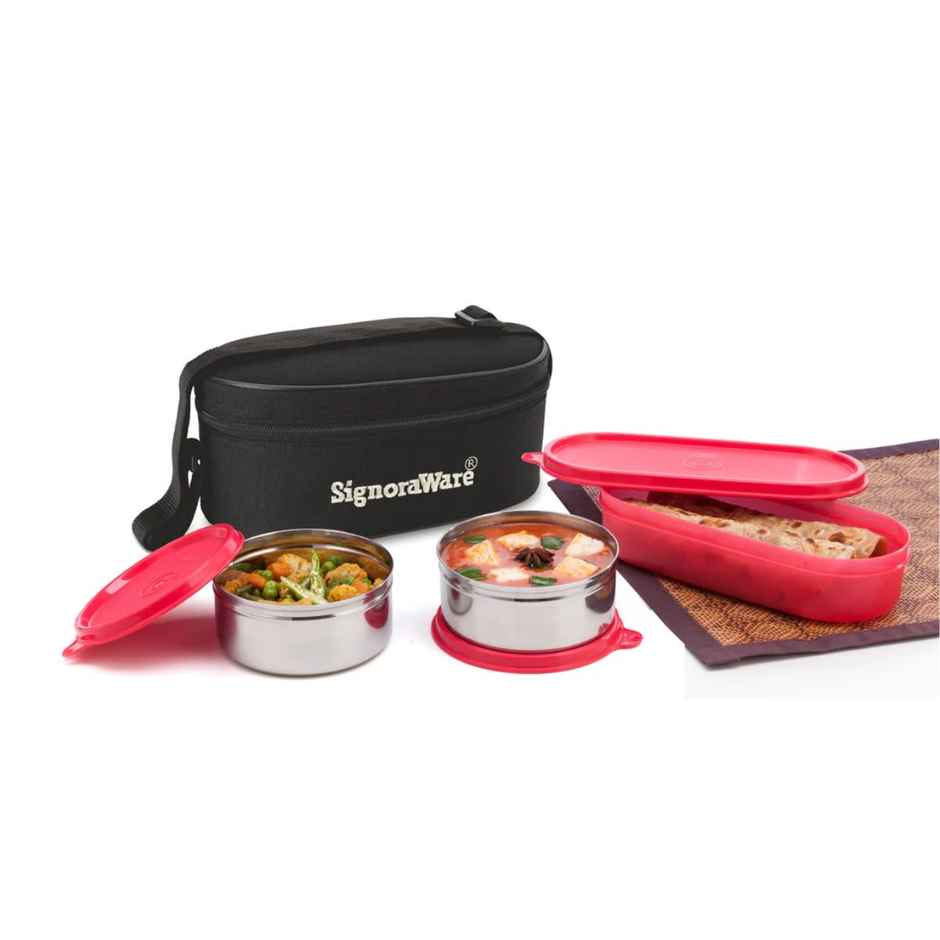 Signoraware Double Decker Steel Lunch Box Food Grade Stainless Steel Red