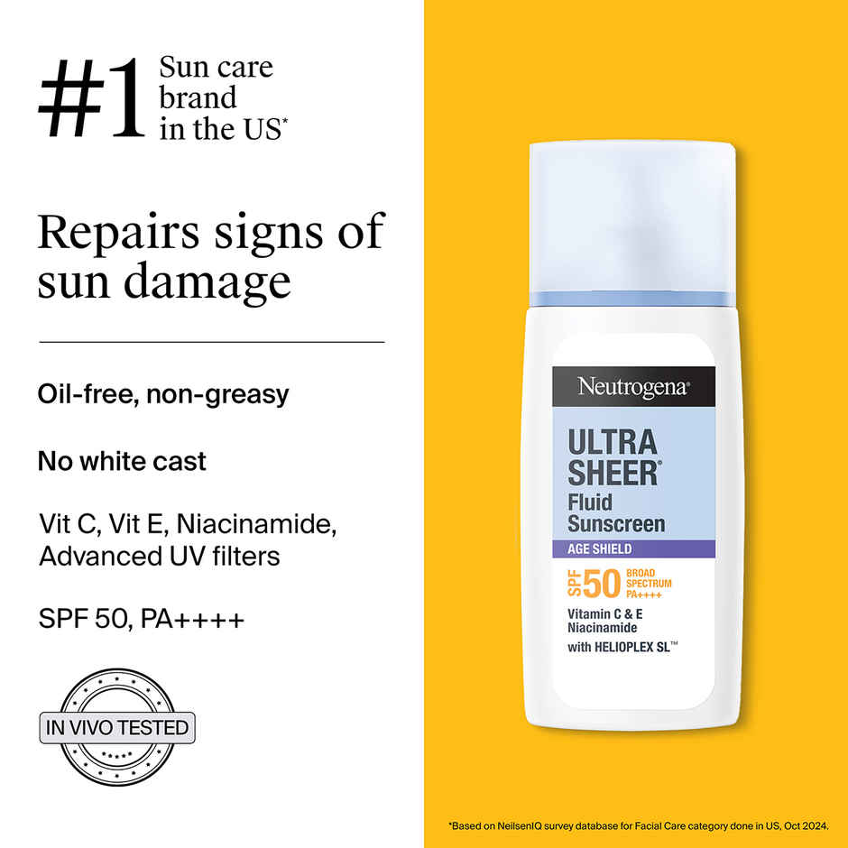 Neutrogena Ultra Sheer Age Shield Fluid Face Sunscreen SPF50+ PA++++ Hyaluronic Acid, Niacinamide Oily Skin