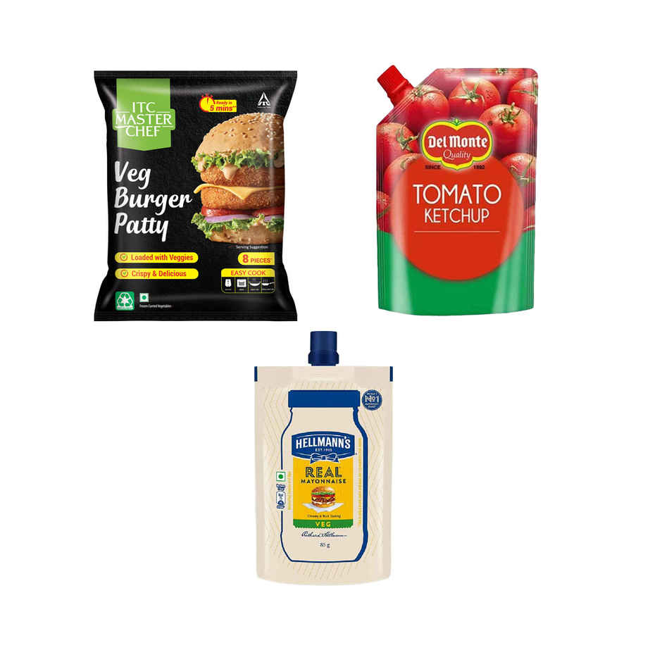 Itc Master Chef Veg Burger Patty | Loaded With Veggies | Crispy & Delicious | 8 Pieces (430g) & Hellmann'S Eggless Mayonnaise World'S No.1 Mayonnaise Brand (85g) & Del Monte Classic Blend Tomato Ketchup (450g) Combo