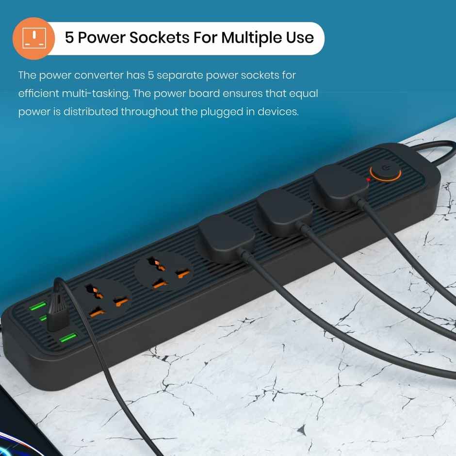 Portronics Power Plate 6 With 4 Usb Port + 5 Power Sockets Power Converter - Black