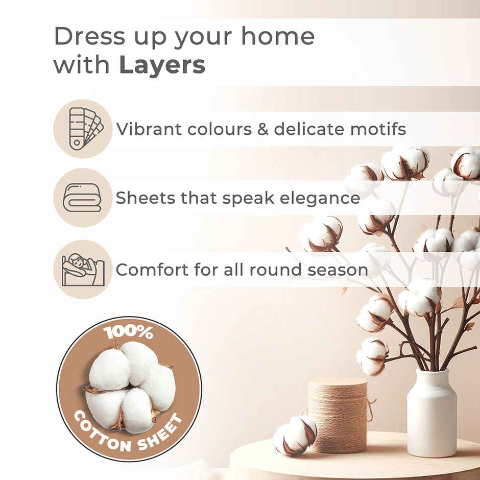 Layers Marigold 100% Cotton 144 TC Blue King Bedsheet with 2 Pillow Covers