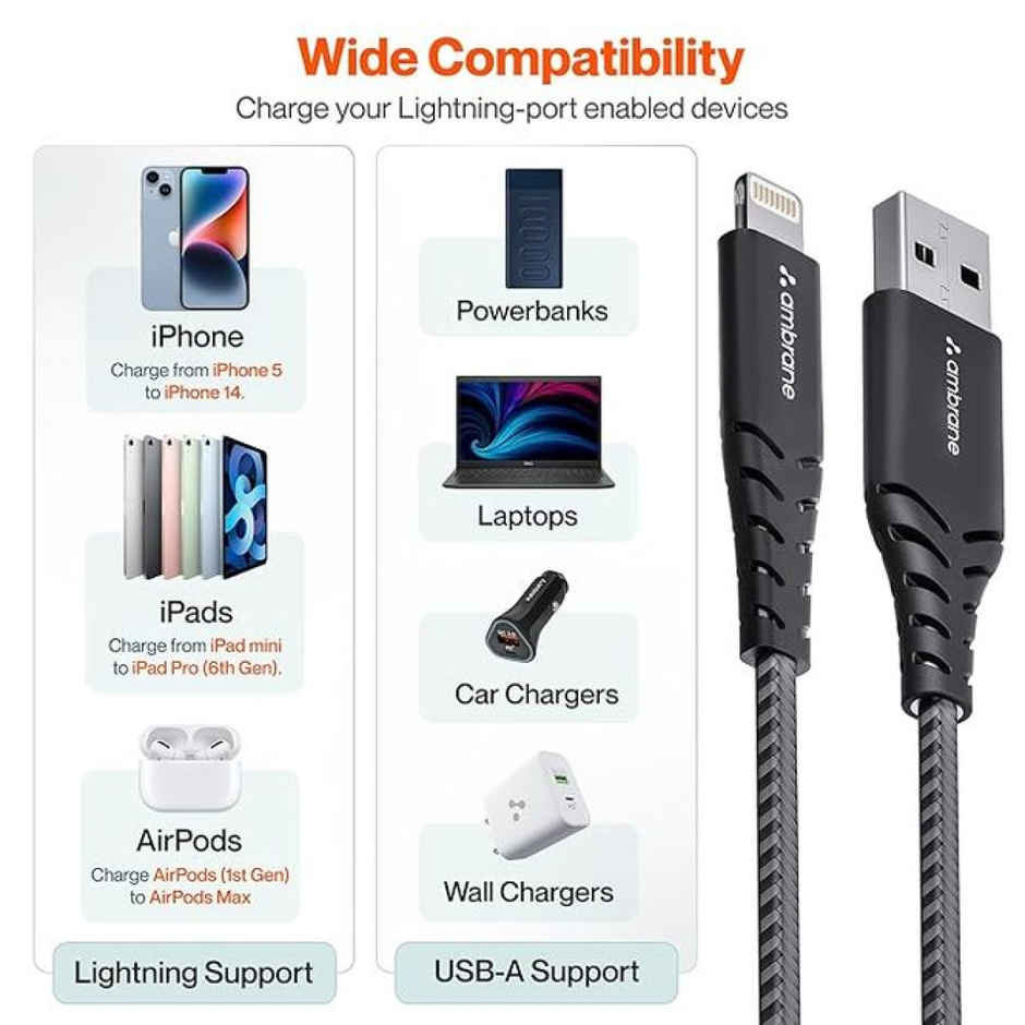 Ambrane RCL -15 USB To Lightning 3A Fast Charging Braided Lightning Cable Compatible For iPhone 14,13, 12,11, X, 8, 7, 6, 5, Ipad, Macbook, Imac, Airpods, 480Mbps Data Sync, 1.5Meter Long - Black
