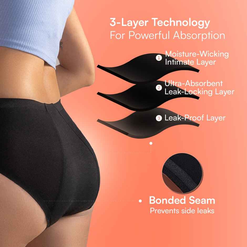 Mahina Cotton Reusable Super Heavy Flow Period Panty for Girls & Women | Mid-Waist | Black - XL