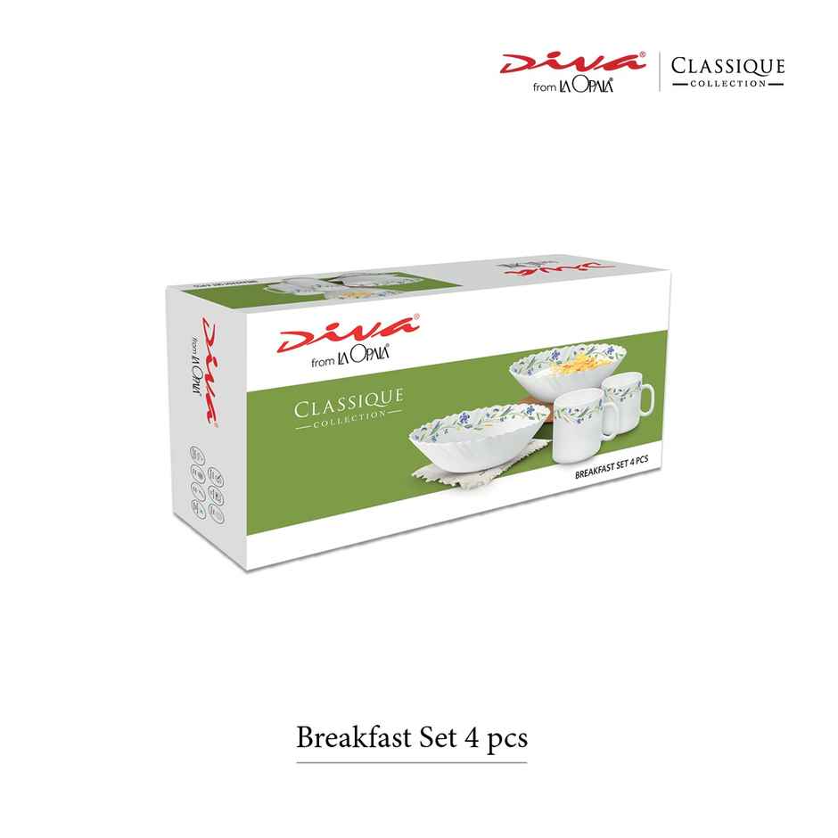La Opala Diva Classique Breakfast Set of 4 | Opal Glass Coffee Mug & Bowl for Gifting - Blue Daisy