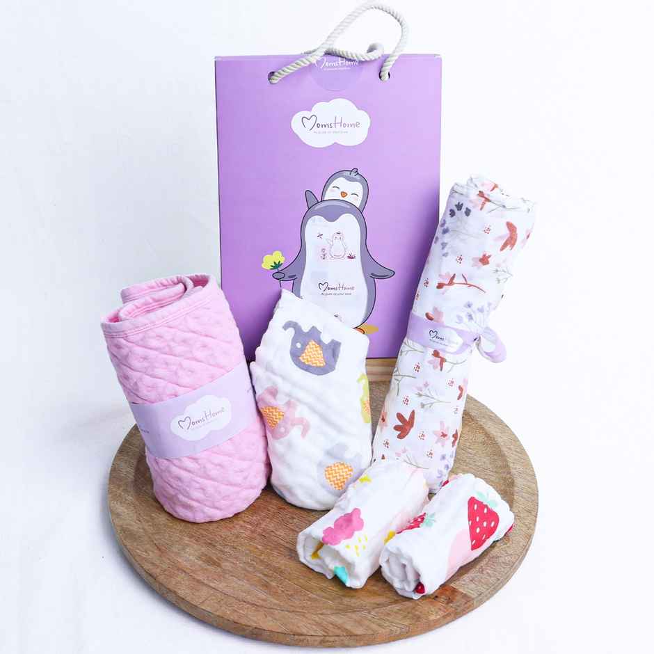 Moms Home Baby Girl Organic Towel & Swaddle - 6 Items Combo
