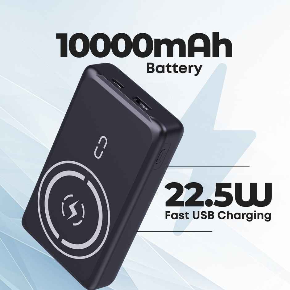 pTron Dynamo Arc 10000 mAh Power Bank | 22.5W Usb Fast Charging | 15W Magnetic Wireless Charging - Black