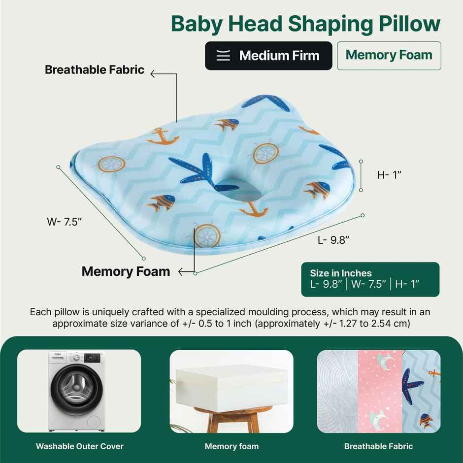 The White Willow Baby Head Shaping Pillow | Memory Foam | Flat Head Prevention | Ergonomic - Blue
