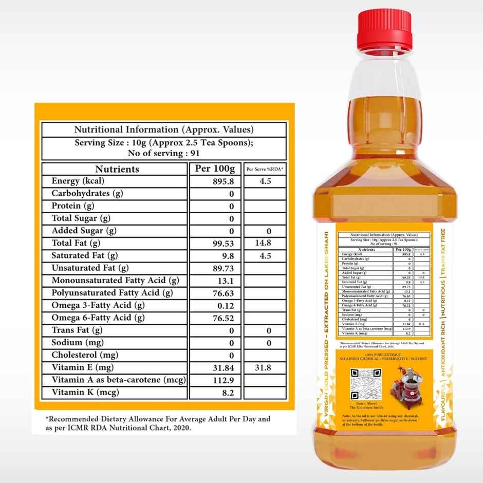 Indic Wisdom Wood Pressed Safflower Oil | Cold Pressed - Extracted on Wooden Churner Combo