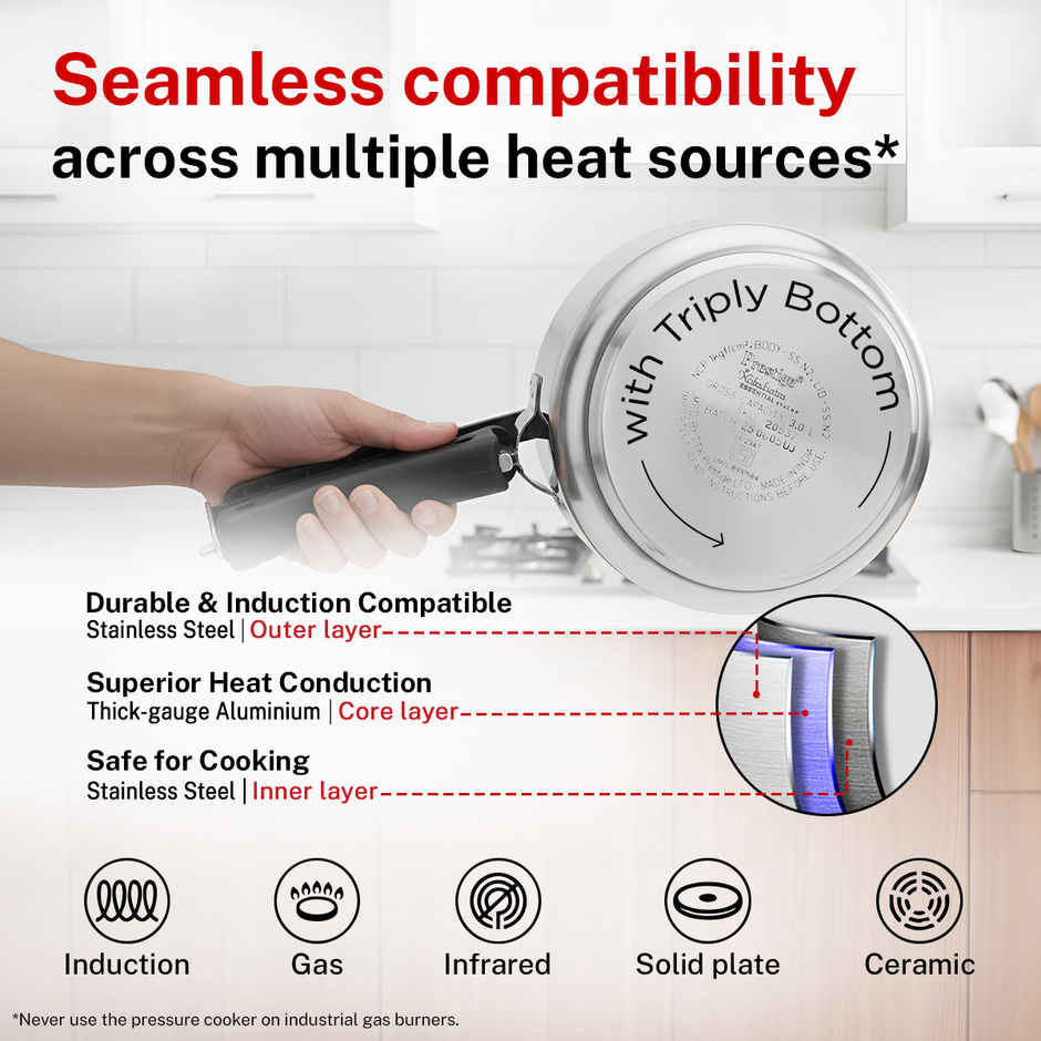 Prestige Nakshatra Essential Svachh SS Pressure Cooker 3L,Triply Base,Safety Plug,5Y Warranty,Silver
