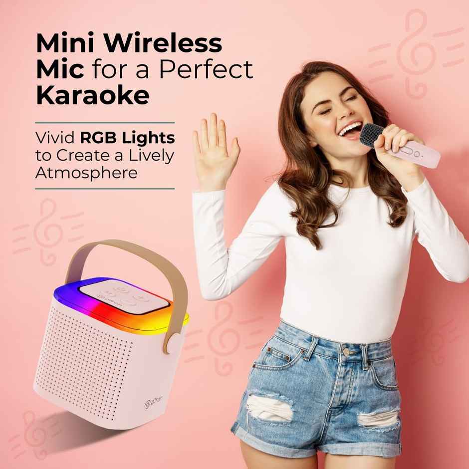 pTron Fusion Tunes 10W Bluetooth Speaker | Wireless Karaoke Mic | RGB Lights | 8Hrs Playtime - Pink