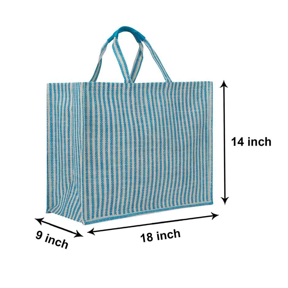 Jute Cottage Carry Bag - Stripe Fabric Zipper Shopping Bag | Eco-friendly | Blue | 14 x 18 x 9