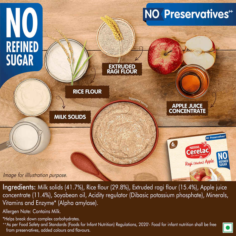 Nestle CERELAC Ragi (Nachni) Apple Baby Food Cereal, No Refined Sugar & No Preservatives