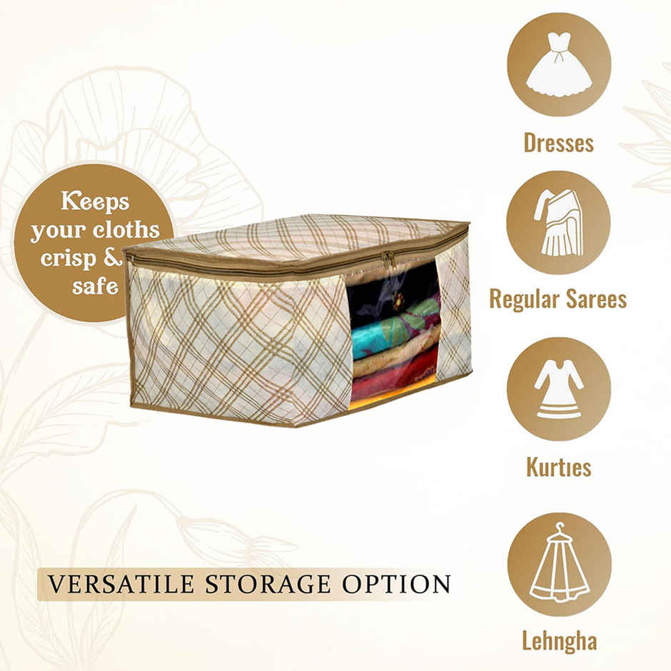 Kuber Industries Pack of 3 Non-Woven Saree Covers with Zip | Organizer for Saree & Lehenga | Cream