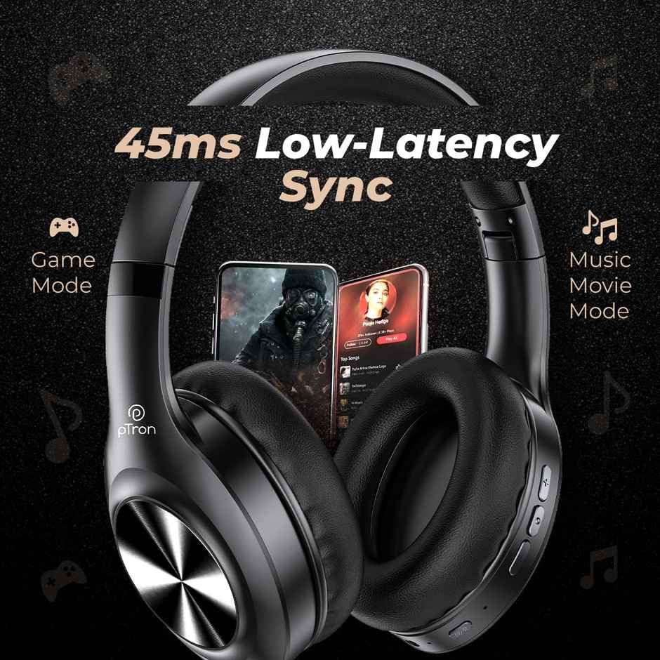 pTron Studio Pro Over-Ear BT Headphones HD Calls 65H Playtime Deep Bass Low-Latency - Black