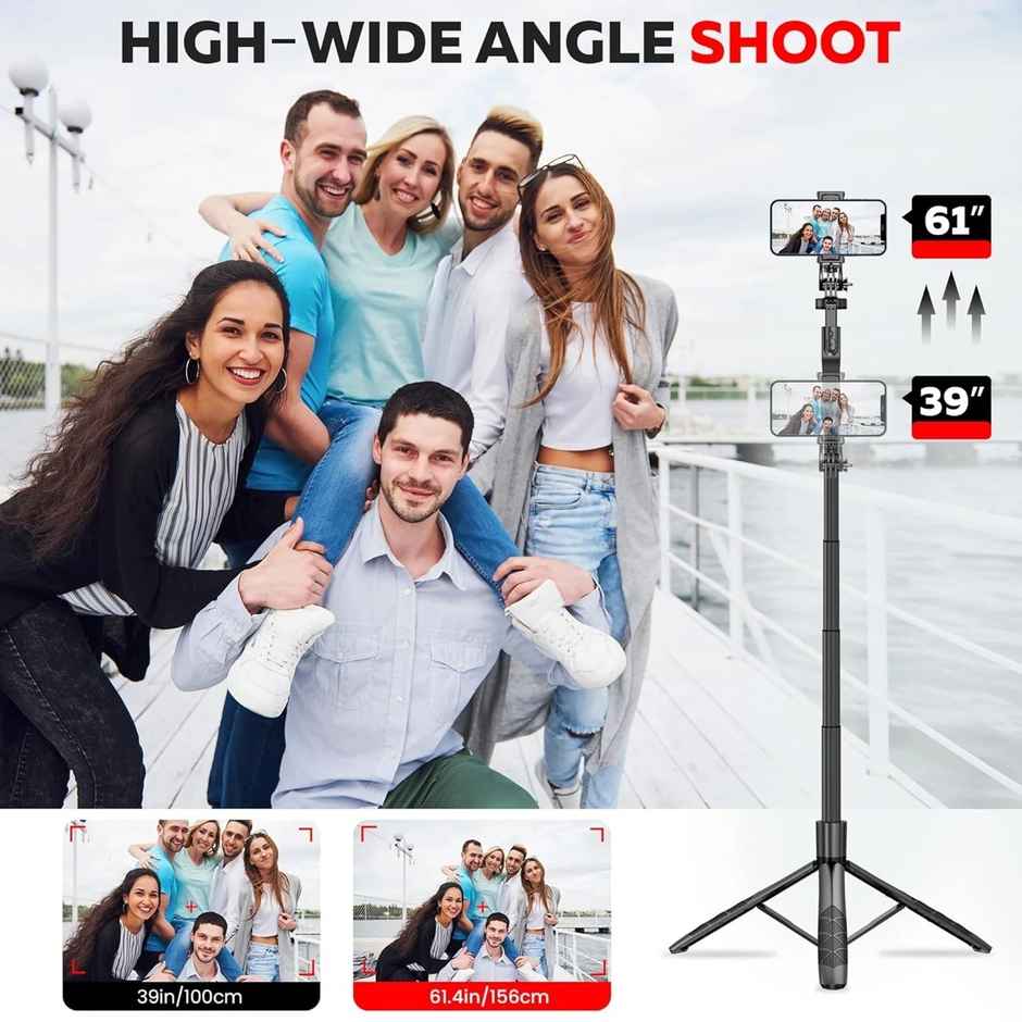 Kratos 61" Long Selfie Stick with Tripod| Aluminium| Handle for video Shooting| 6 Section design