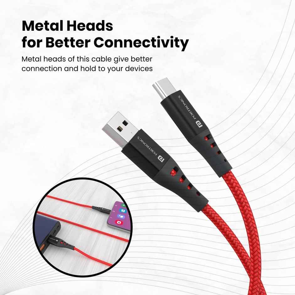 Portronics Konnect (POR-1661)Dash 2 Type C Cable with 65W Super VOOC Flash Charge, 6.5A Output, Nylon Braided, Fast Data Sync, 1M Length - Red