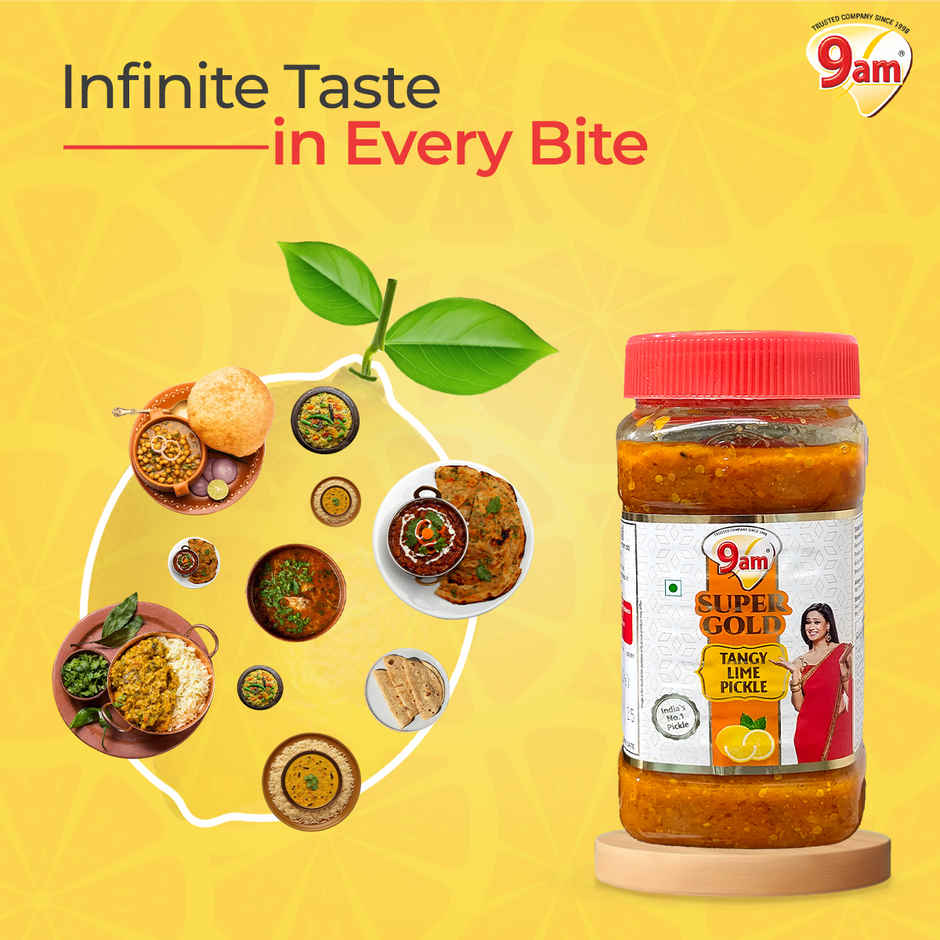 9am Super Gold Lime Pickle, Tangy Nibmu, Perfect for Meals With Pratha