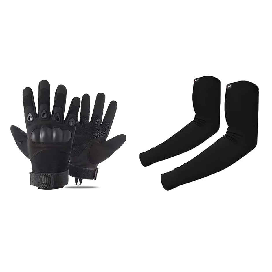 Autoguys Ff|1 Full|Finger Bike Riding Gloves Knuckle Armour Hand Gloves Washable | Size | L, Black (1pc) & Autofy Pro Fit 240 Gsm Unisex Arm Sleeves | Uv Protection | Black (1pc) Combo