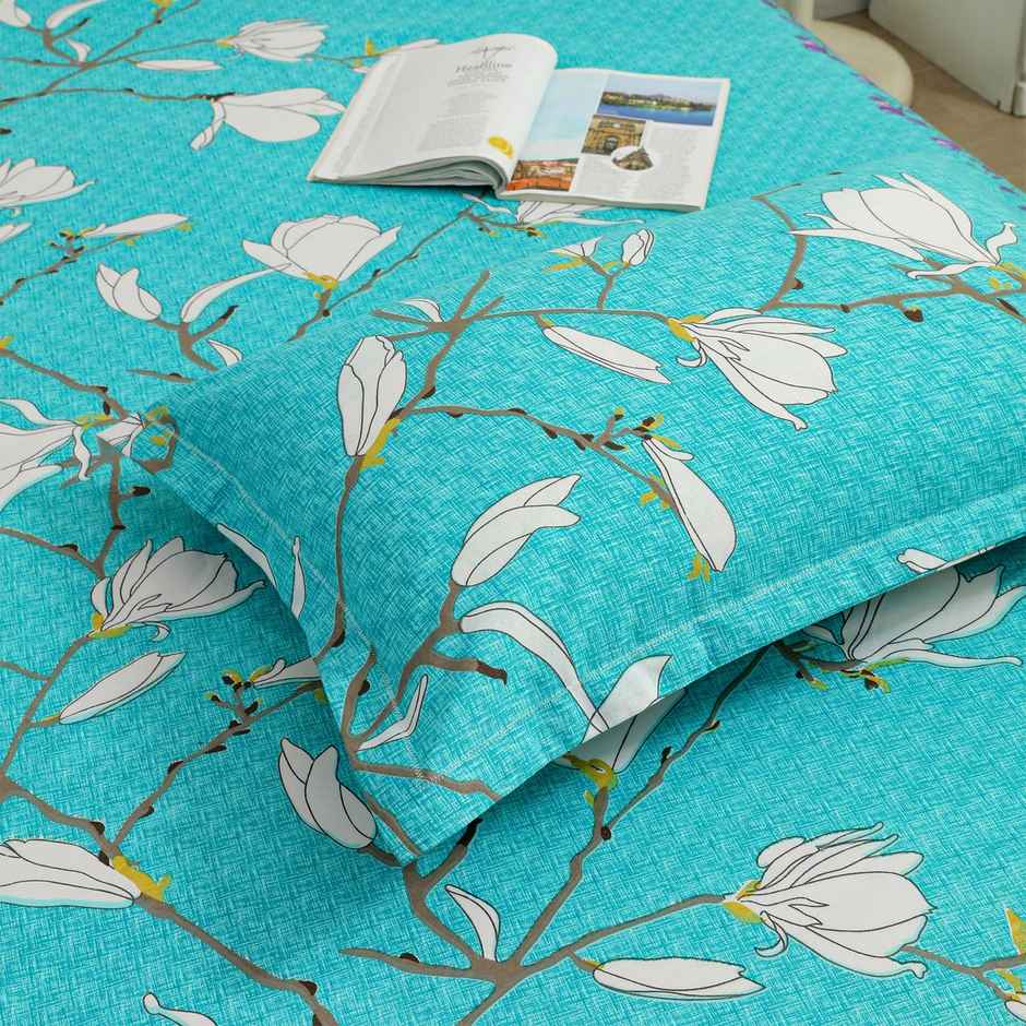Story@home 144 TC Cotton Double Printed Flat Floral Bedsheet | Aqua Green | 98 x 89 in
