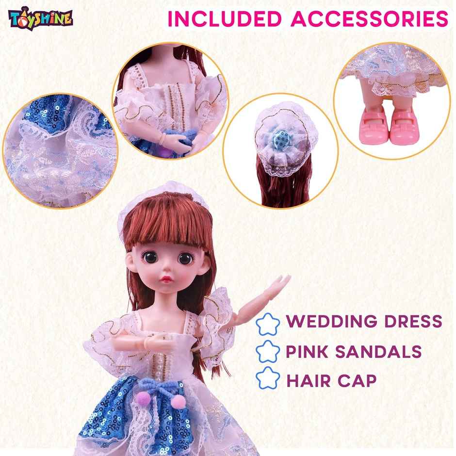 Toyshine Cute Doll with 3D Eyes & Beautiful Wedding Dress | With Movable Joints | 12 Inch | Blue
