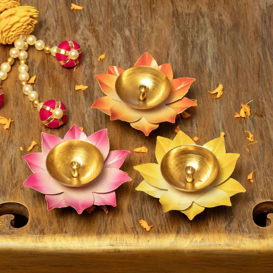 Metallic Flower Diyas | Multicolour | Floral | Pack of 3 | Aksharveda