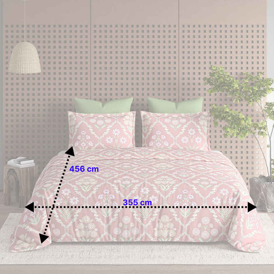 Furnofy Premium King Size Jaipuri Bedsheet | With 2 Pillow Covers | Light Pink & Green, 108x108in