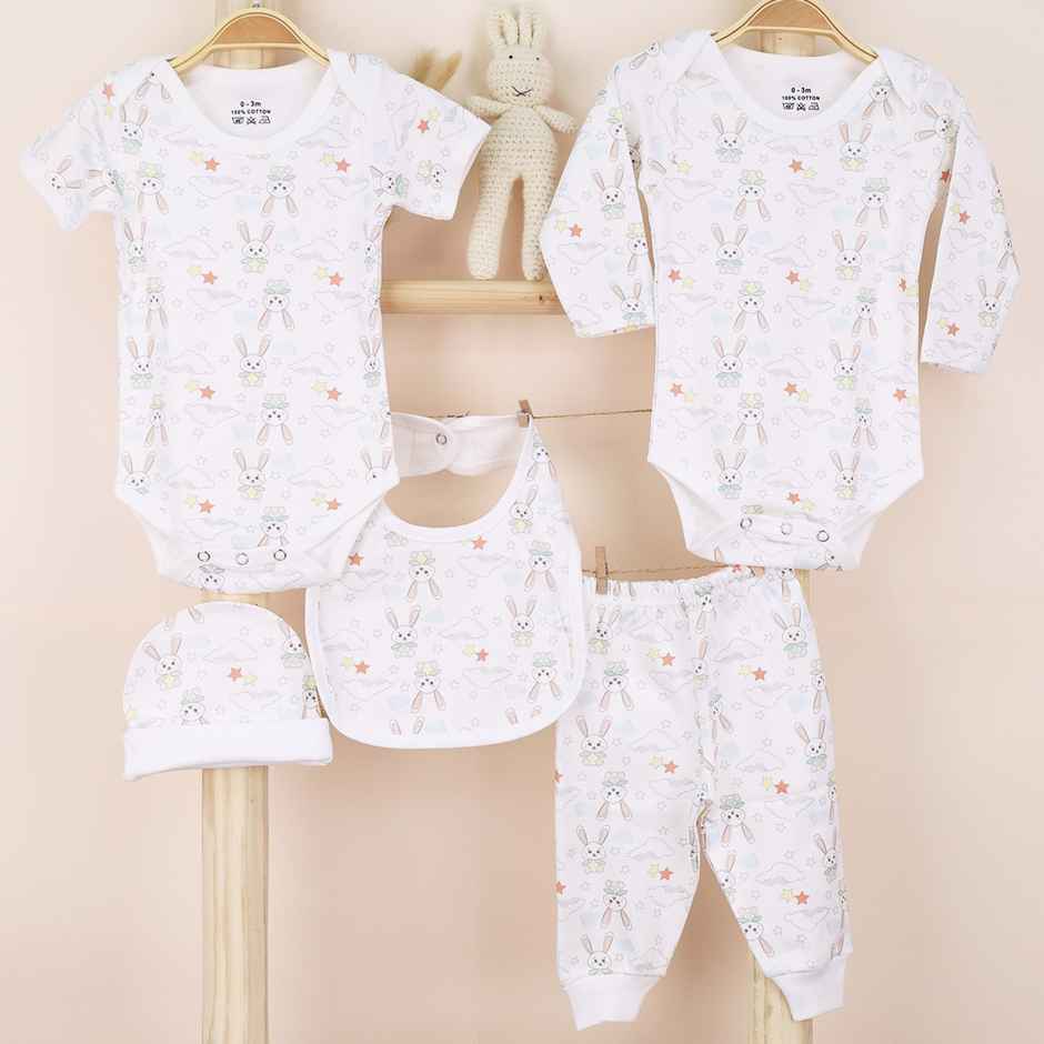 Moms Home Organic Cotton Baby Essentials Clothing | Gift Combo | 0-3 Months | 5 Items | Rabbit