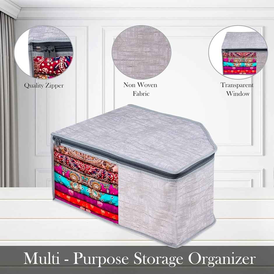 Kuber Industries Jute Printed Blouse Cover|Transparent Window|Clothes Storage Bag|Pack of 3|Gray