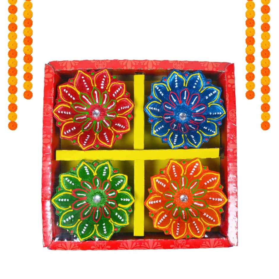 Anaga Clay Diya | Multicolour | Pack Of 4 | Designer Diya | Dealberg
