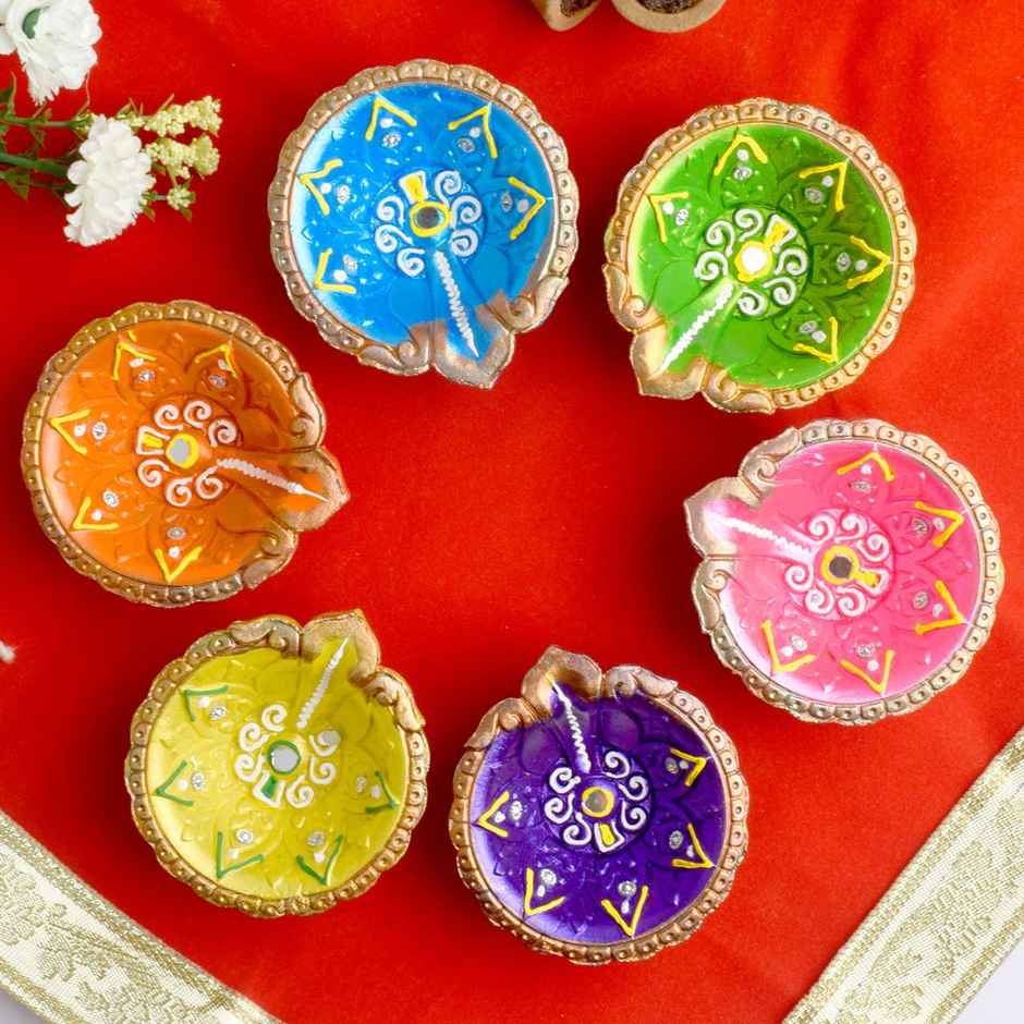 Designer Multicolor Clay Diya | Assorted Shapes | Designer Diya | 4 Pcs | Satvik