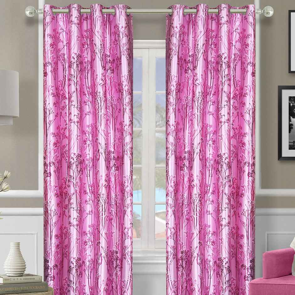 Romee Leafy Printed Polyester Door Window Curtain 7 feet Set of 2 | Purple