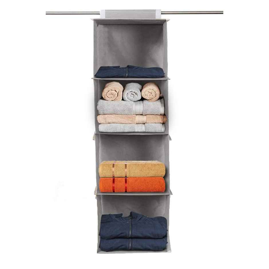 Kuber Industries Pack of 2 Non Woven Fabric Foldable Hanging 4 Shelves Wardrobe Organizer (Grey)