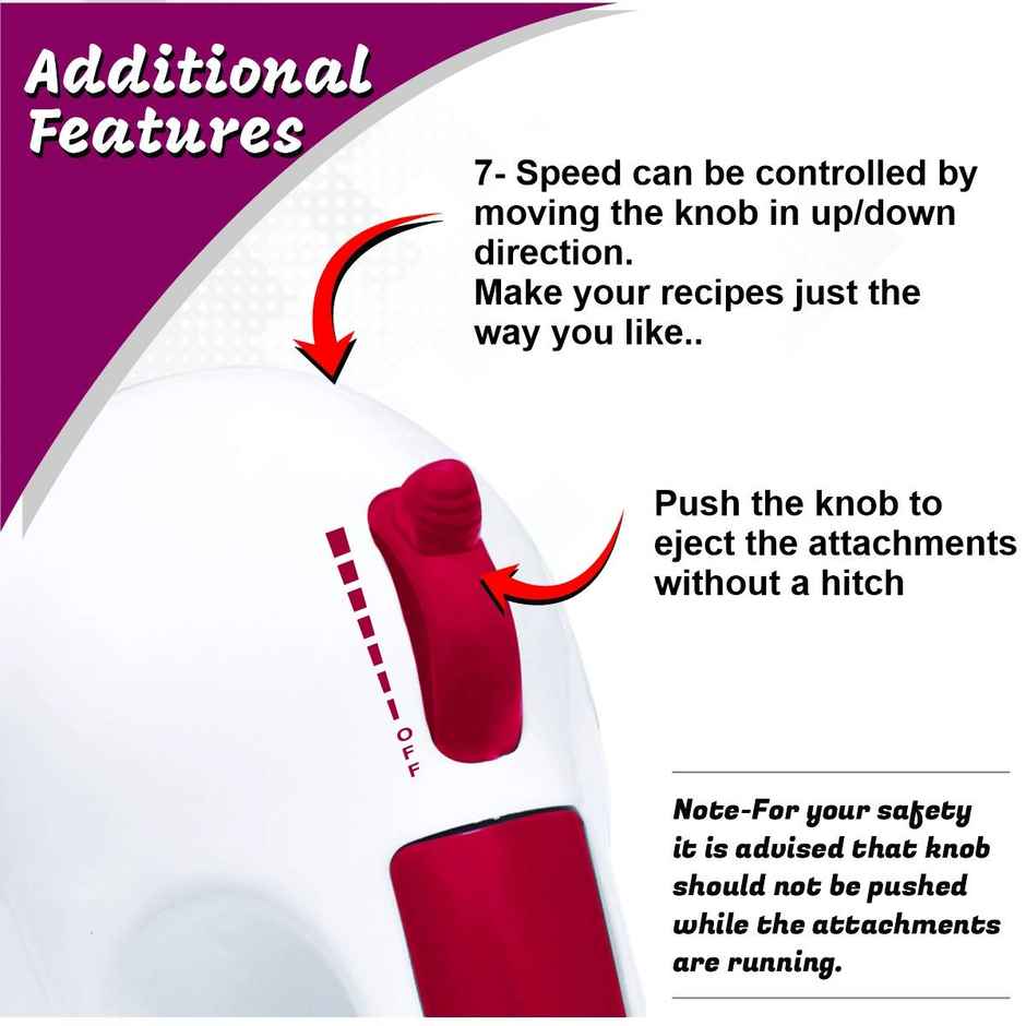 INALSA Hand Blender Easy Mix,Detachable Beaters & Whisker/Dough Hooks,250 W,7 Speed (White/Red)