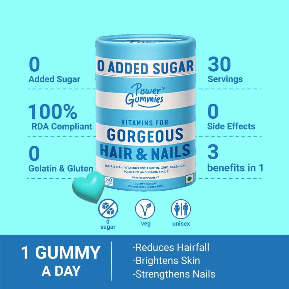 Power Gummies Gorgeous Hair And Nails Gummies� Now With 0 Added Sugar & New Heart Shape