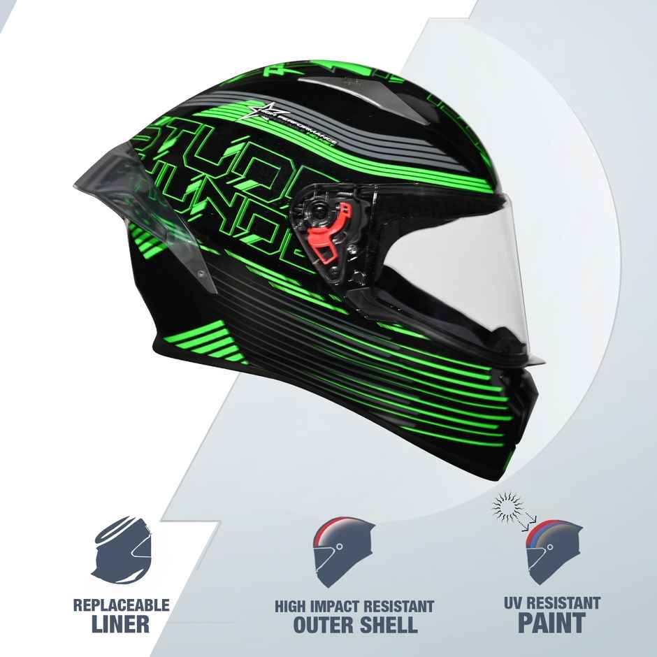 Studds Thunder D11 Full Face Helmet with Spoiler |Black Green - XL