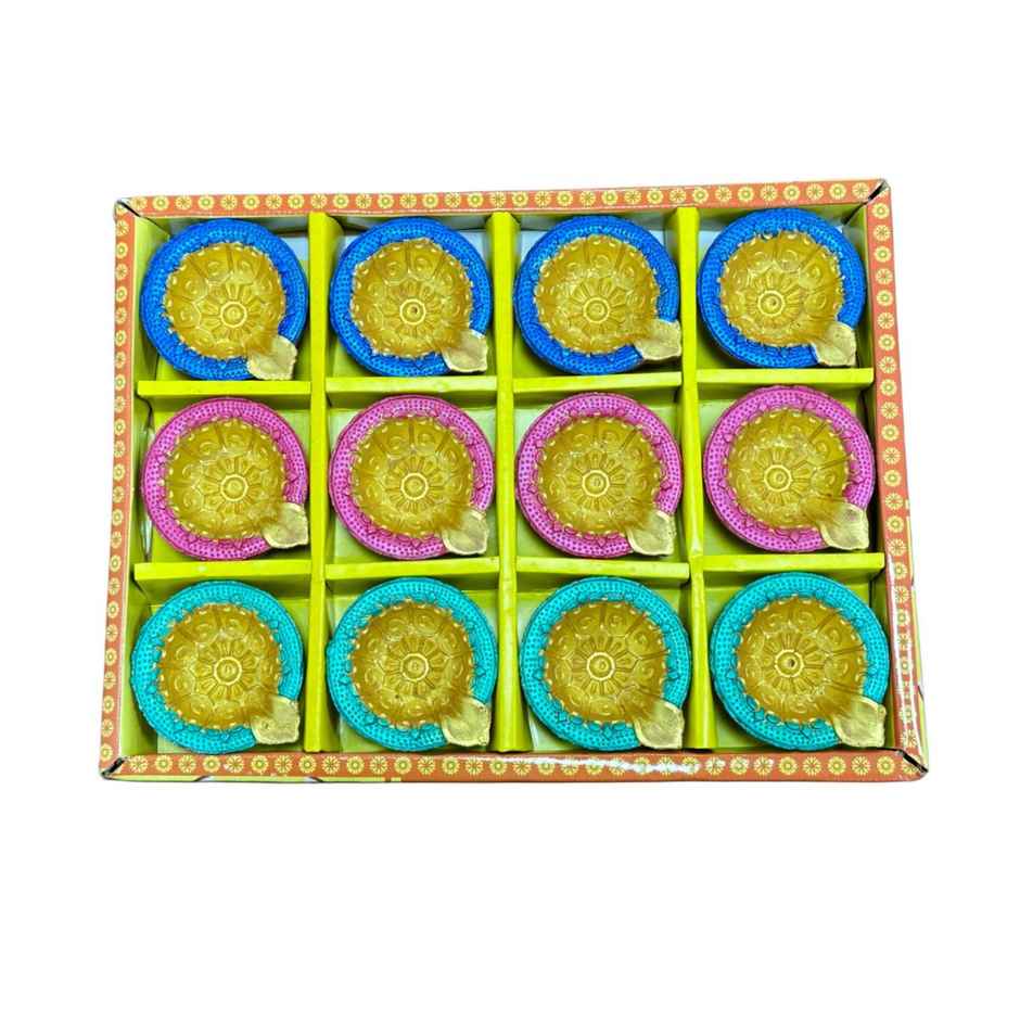 Multicolor Kanchan Diya | Designer Clay Diya |Pack Of 12 | DiaCraft