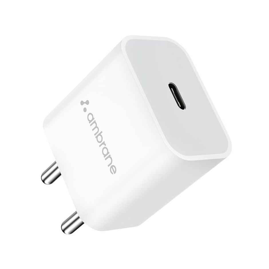 Ambrane (Raap M20) 20W Type C Mobile Charger Adapter, Fast Charging for Android, iPhone 14/13,13/12/11/X & Pro, Max Series & Other Type C Enabled Devices, PD Technology, BIS Certified - White