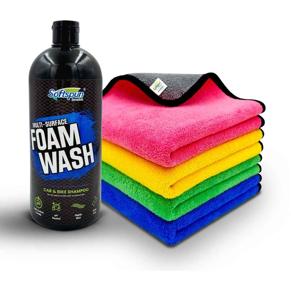 Softspun Essentials Cloth & Shampoo Combo (400 GSM, 40x40cm, 4pc Multicolor/Assorted & Shampoo 1Ltr)