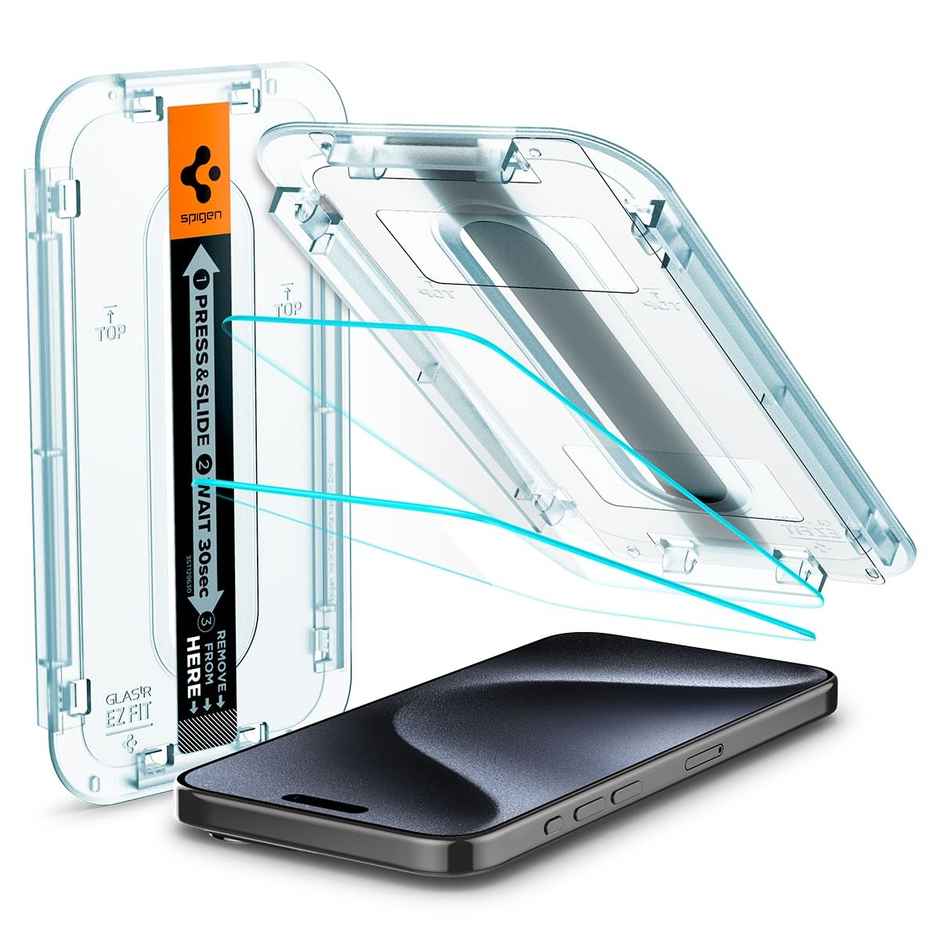 Spigen Ez Fit Tempered Glass Screen Protector Guard For Iphone 15 Pro Smartphone - 2 Pack