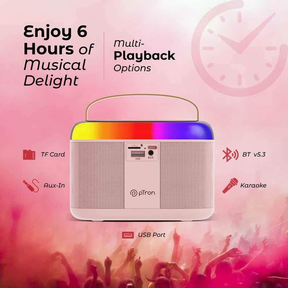pTron Fusion Joy 20W Bluetooth Speaker with Wireless Karaoke Mic | RGB Lights | 6Hrs Playtime - Pink