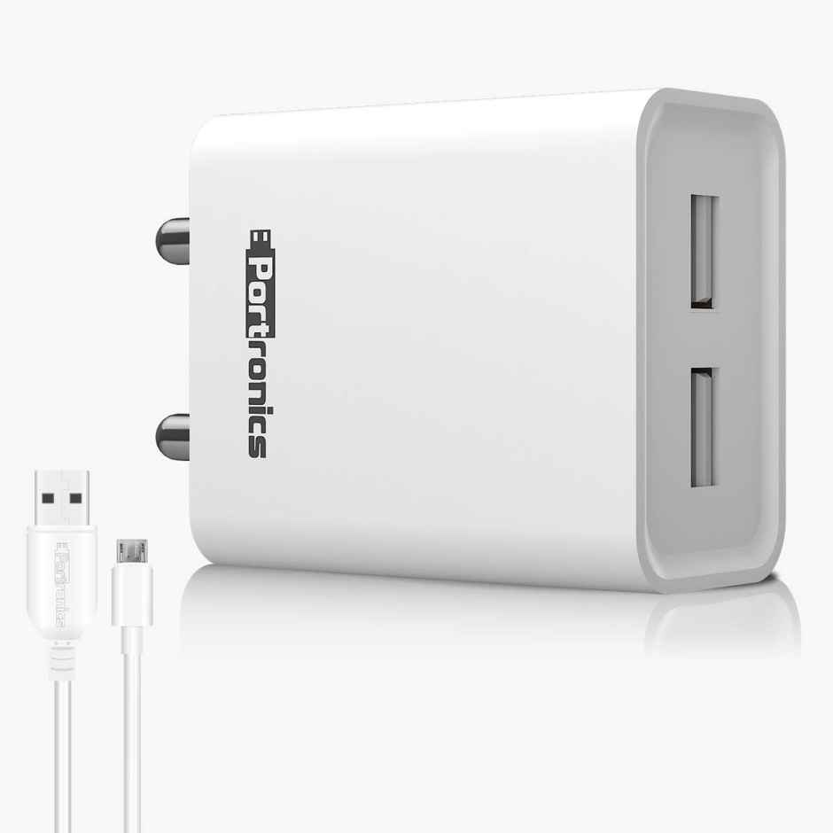 Portronics Adapto 66 2.4A 12w Dual USB Port 5V/2.4A Wall Charger,Comes 1M Micro USB Cable White