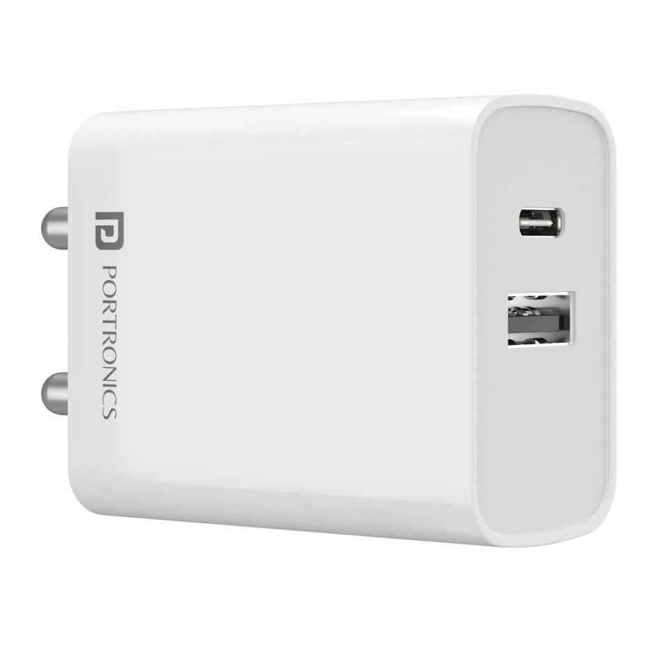 Portronics Adapto 70 33W Fast Charger Adapter with Dual Output (USB + Type C) Supports PPS Charging Via Type C Port, 27W Dash, Warp 27W, Dart, Super Dart 27W - White