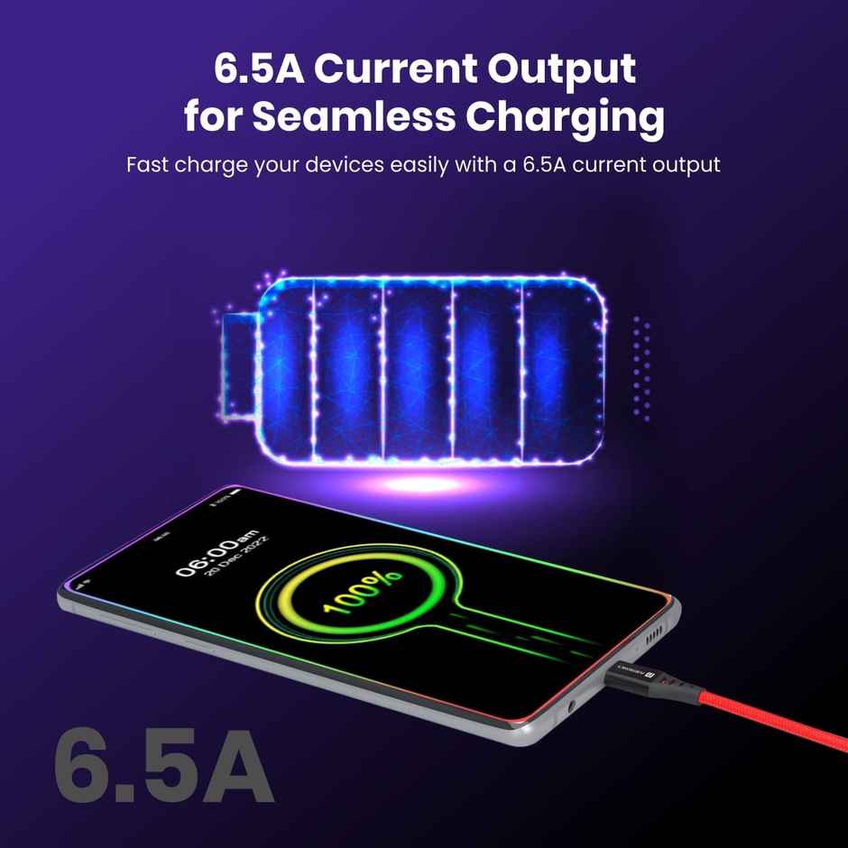 Portronics Konnect (POR-1661)Dash 2 Type C Cable with 65W Super VOOC Flash Charge, 6.5A Output, Nylon Braided, Fast Data Sync, 1M Length - Red