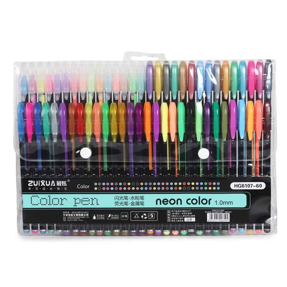Chrome 6107-60Pcs Neon Gel Pens Set with Fluorescent, Metallic, Glitter, & Pastel Colours