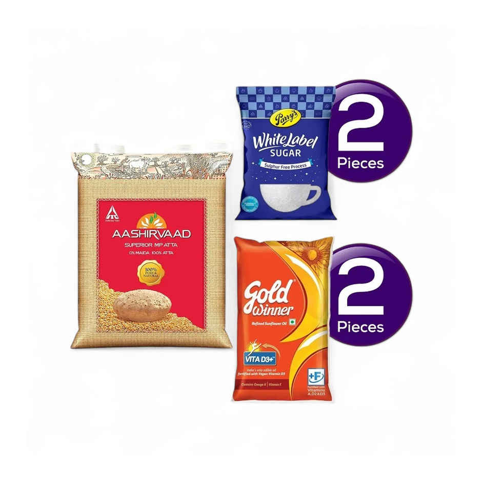 Aashirvaad Superior MP Atta(5kg), Goldwinner Refined Sunflower Oil(1l) & Parrys White Label Sugar(1kg) Combo